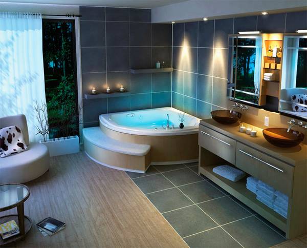 Дизайн ванной комнаты с угловой ванной с фото