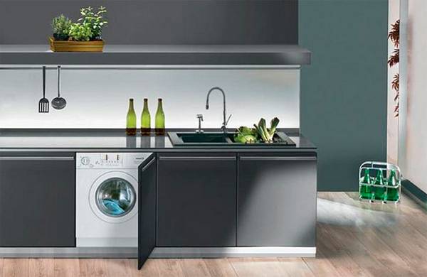 Встроенная стиральная машина на кухне - фото